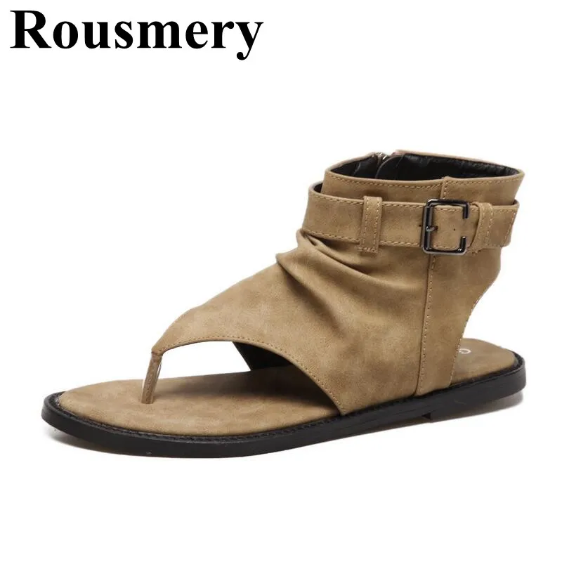 

2019 Summer Newest Rome Style Two Color Side Zipper Flock Flat With Fashion Women Sandals