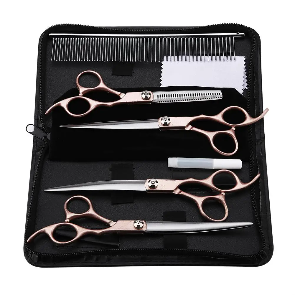 

7 Inch 4PCS Gold Handle Scissors Professional Pet Grooming Scissors Set Hairdressing Shear Scissors Set Thinning Shears Kit