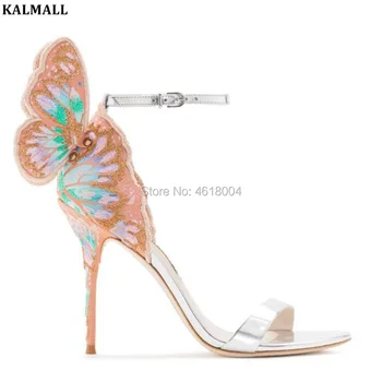 

KALMALL Fashion Embroidered Butterfly Wings Sandals Women Party Strap High Heels Patchwork Open Toe Stilettos Dress Sandals