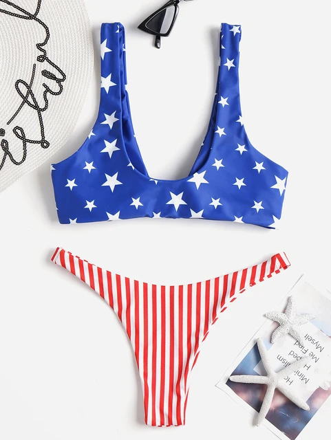 ZAFUL Bikini 2019 American Flag High Leg Bikini Set Tie Front White And Blue