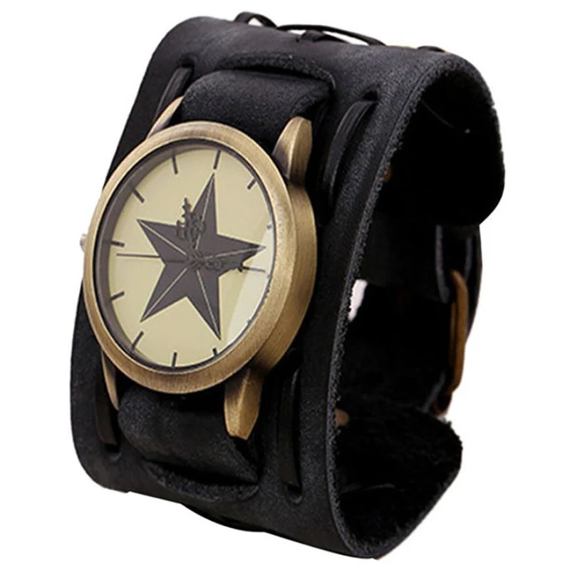 

Punk Retro Watch Five-Pointed Star Round Shape Alloy Wide Leather Bracelet Men's Personality Casual Jewelry