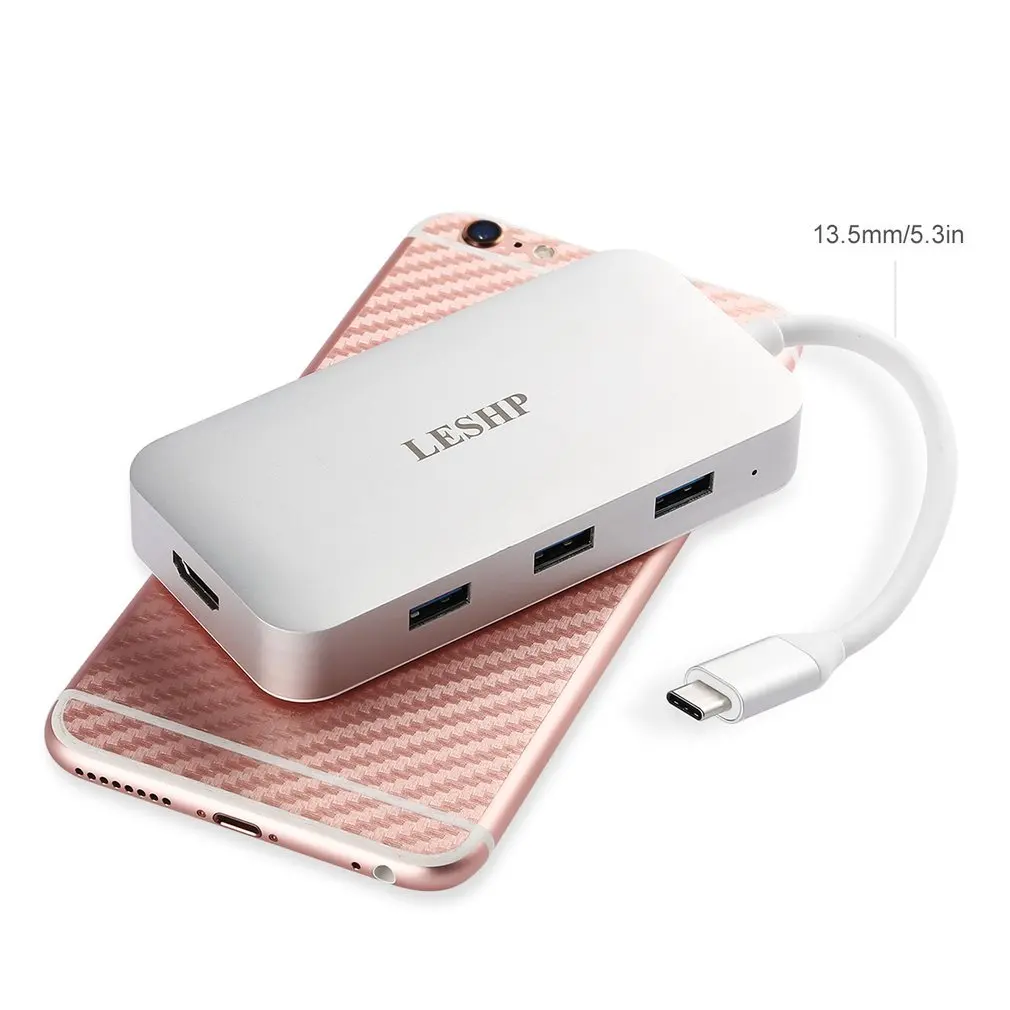 LESHP Aluminum White Type-c to USB-3.0 3 Port HUB RJ45 Gigabit HDMI 4K PD Charging Digital AV Conve