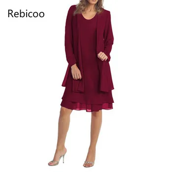 

0-Neck Women 2 Pieces Sets Chiffon Jacket Dress Solid Sleeveless Dress Long Sleeves Jacket Fashion Autumn Women Sets New