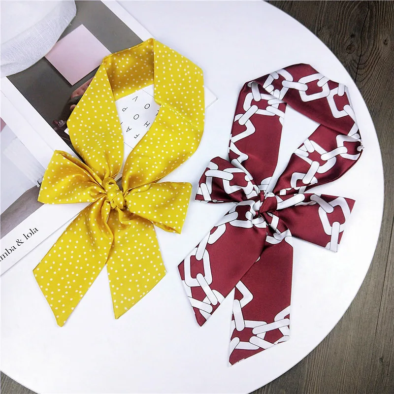 

New Fashion Small Long Skinny Scarf Hair Bag Ribbon Dot Print Twill Silk Scarf for Women Tie Head Scarves