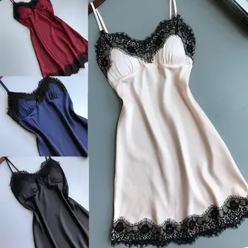 

Women's Satin Silk Sleepwear Nightdress Lingerie Night Dress Skirt Smooth Soft Lace V-neck Summer Solid Sleepshirts