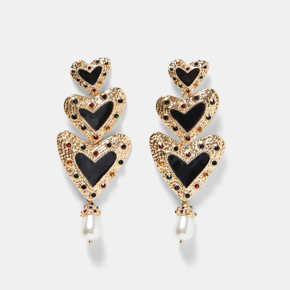 

Flatfoosie Heart Long Dangle Drop Earrings For Women Vintage Crystal Simulated Pearl Gold Color Statement Earring Trendy Jewelry
