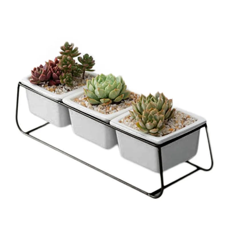 

Nordic Simple Wrought Iron Flower Pot Set Three Pots One Shelf Square Ceramic Succulent Iron Frame Ceramic Flower Pot Set Blac