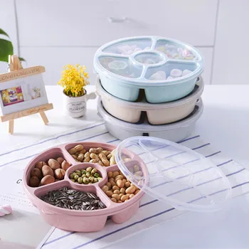 

Gift Customize Small Straw Do Compote 5 Grid Bring Cover Mai Xiang Pan Dry Fruits Melon Seed Candy Box