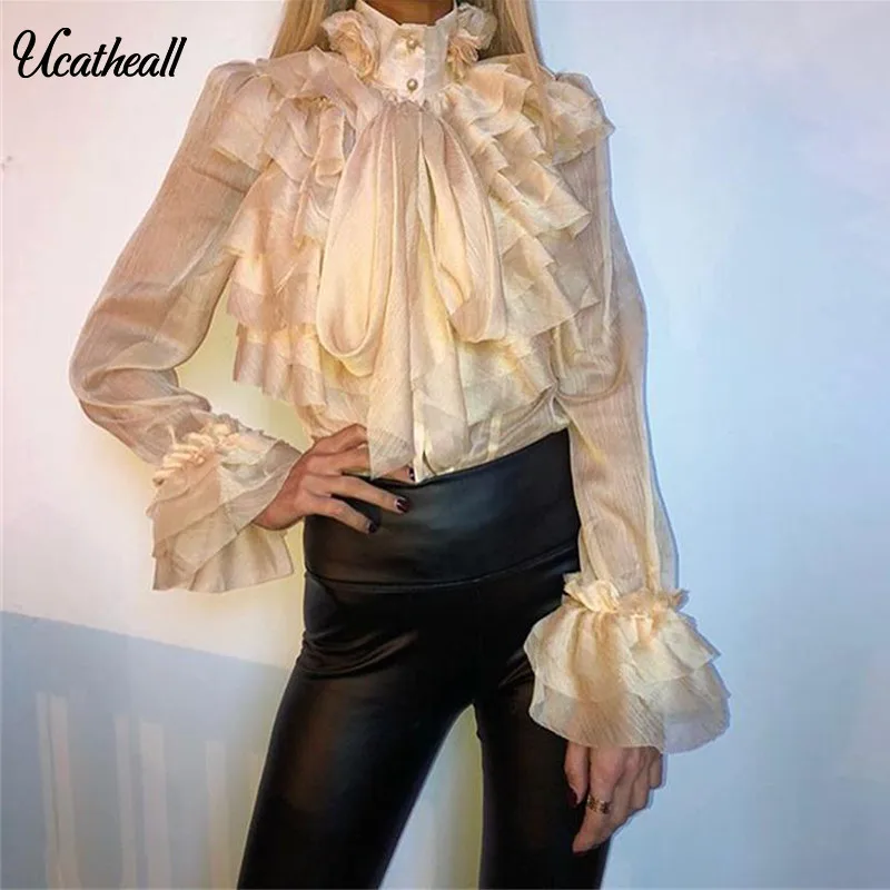 

Autumn Women Turtleneck Tee Tops Bow Tie Women Shirts Perspective Chiffon OL Blouse Shirt Women Solid Lantern Sleeve Blouse
