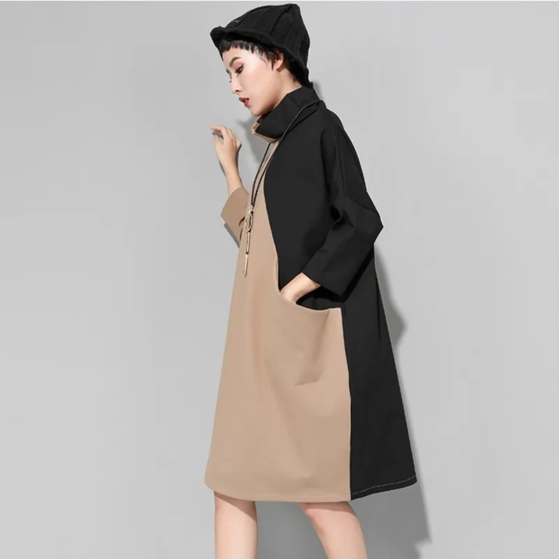 CHICEVER 2020 Autumn Winter Hit Colors Dresses For Women Turtleneck Wrist Sleeve Loose Women's Dress Female Casual Clothes New