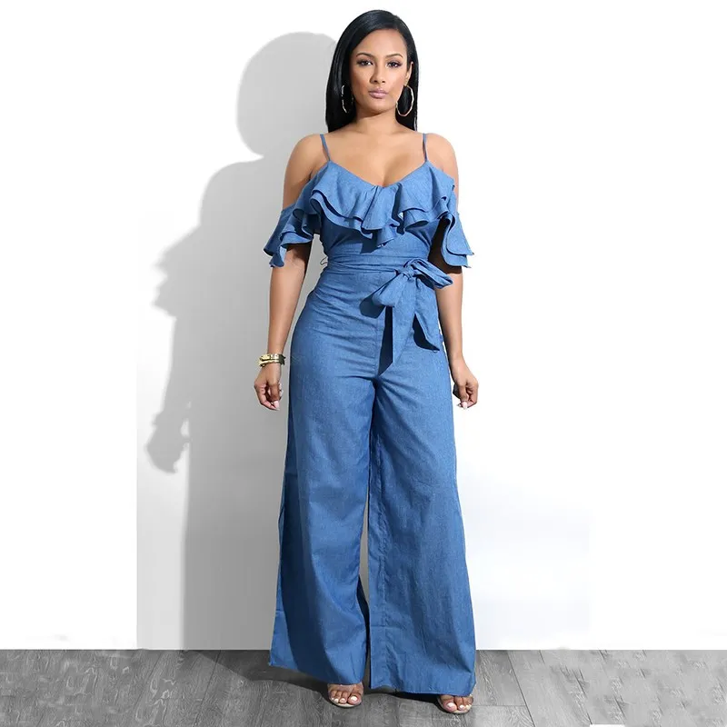 

2019 Spring Women Sexy Denim Jumpsuit Blue Off Shoulder Playsuit Wide Leg Pants Long Trousers Overalls
