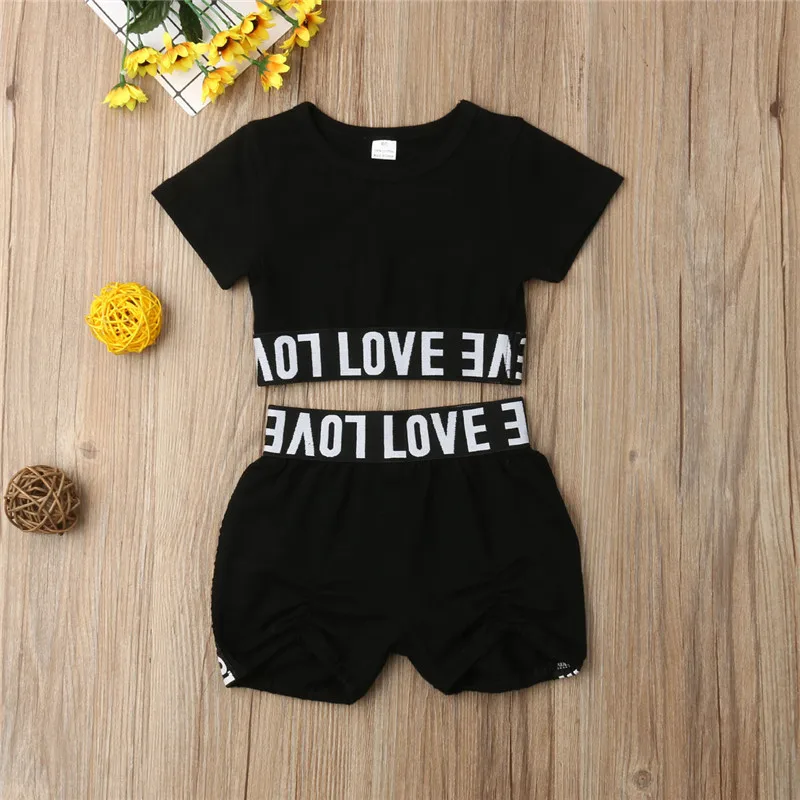 Little Girl Black Crop Tops T shirt Shorts Toddler Kids Clothes Set