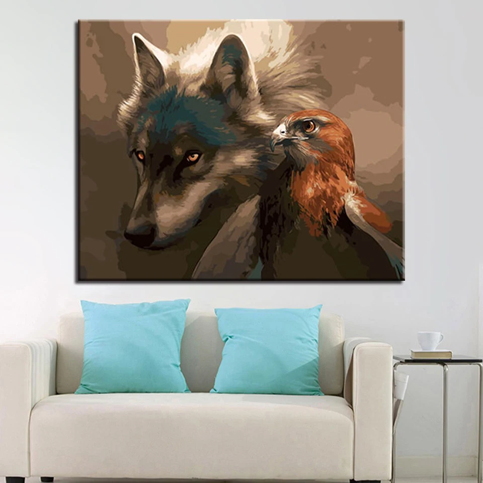 

Wolves and Eagles Picture By Numbers DIY Animal Painting Kits Hand Paited On Linen Canvas Modern Home Decorative Unique Gift