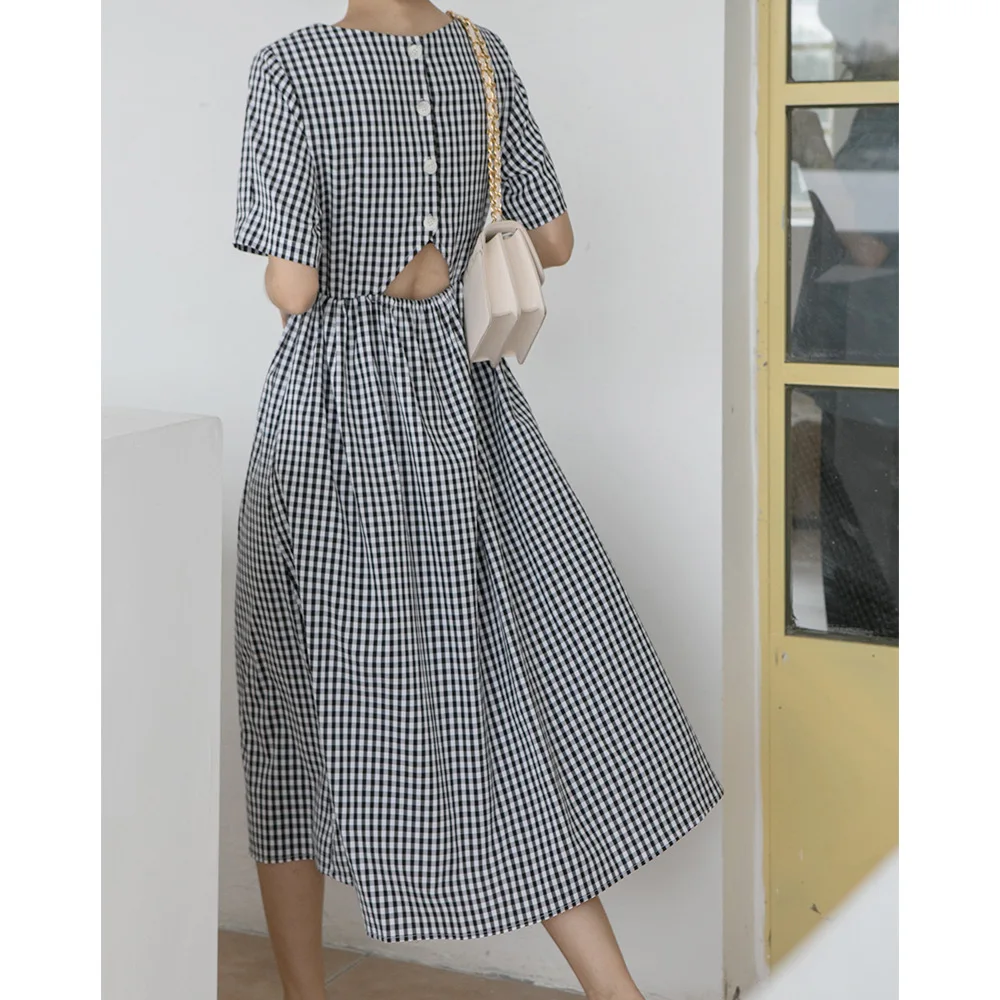 

2019 Korean-Style Summer New Style Simple Wind Vintage Single Breasted Cutout-Waist Short-Sleeve Plaid Dress Female Q213