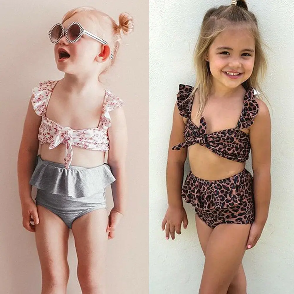 

2019 Newest Style Summer Toddler Kids Baby Girl Leopard Floral Swimming Tops High Waist Shorts 2PCS Swimsuit Set 1-5Years