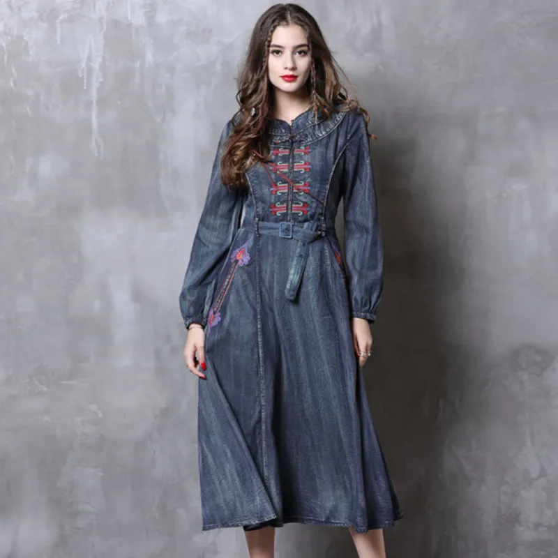 

#2411 Spring Autumn Brand With Belt Denim Dresses Women Round Neck Embroidery Vintage Long Sleeve Ruffle Jeans Dress High Waist