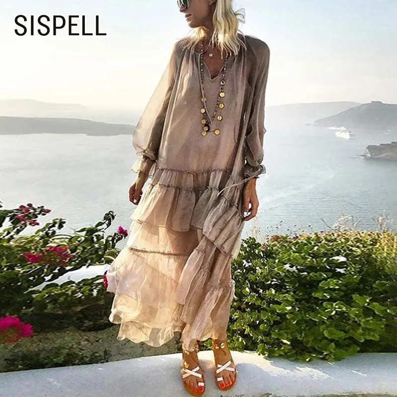 

SISPELL Spring Loose Dress For Women V Neck Petal Sleeve Ruffles Patchwork Perspective Ankle-Length Dresses Female Fashion New