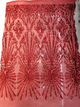 

Red Sequined Embroidered Mesh Tulle Lace Fabric African French Net Wedding Laces Indian Noble Lady Dress Fabric Sequins Material