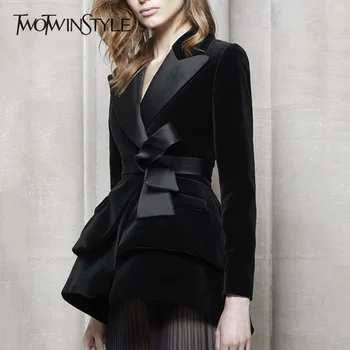 

TWOTWINSTYLE Velvet Blazer Women Long Sleeve Lace up Bowknot Coat Tops Female 2020 Winter OL Fashion Clothes Large Sizes New
