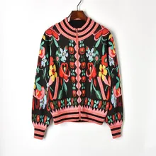 Жаккардовый вязаный кардиган, свитер, зима, хит, цветной цветочный принт, длинный рукав, кардиган, пальто для женщин, на молнии, трикотажная бейсбольная куртка