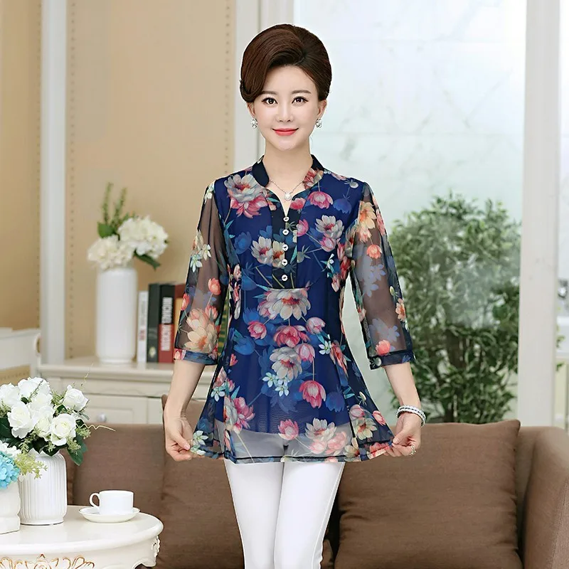 

New 2019 Summer Female Three Quarter Sleeve Blouse Women V-neck Floral Print Shirt Chiffon Tops Camisa Feminina Plus Size