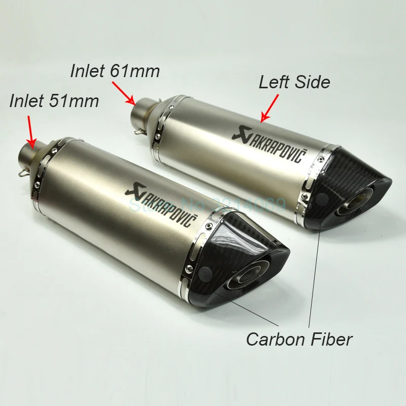 Personalizado Izquierda/derecho de entrada 51mm 61mm motocicleta Universal Akrapovic tubo de Escape longitud 470mm de fibra de carbono punta silenciador