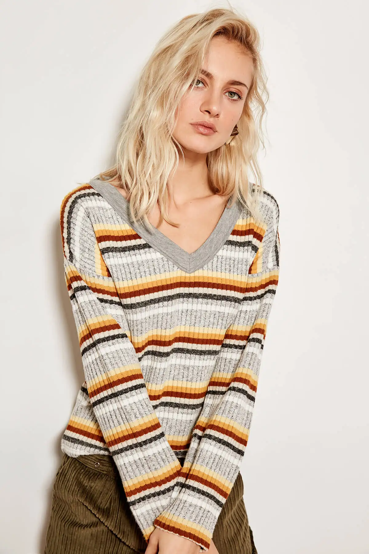 Trendyol Gray Striped Knit Tops TCLAW19ZH0071in Blouses & Shirts from