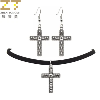 

2019 Hot Fashion Black Velvet Leather Bijoux Vintage Retro Cross Pendants Choker Necklace/Drop Earrings For Women Jewelry Sets