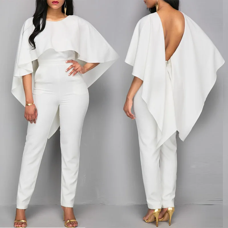 Lady White Elegant O-Neck Solid Cape Sleeve Jumpsuit Women Jumpsuits Boycon Slim Backless Jumpsuits Rompers Lady White Elegant O-Neck Solid Cape Sleeve Jumpsuit Women Jumpsuits Boycon Slim Backless Jumpsuits Rompers