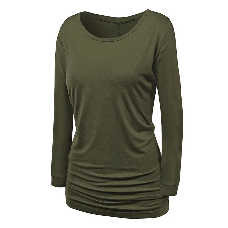 New Autumn Women Ruched Long Sleeves T shirt O Neck Side Shirring Solid