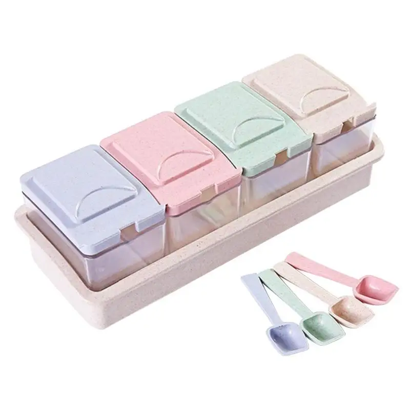

4 Grid Plastic Seasoning Storage Cans Spice Jar Storage Box Container Cylindra Spice Rack Condiment Bottles Pepper Shakers Box