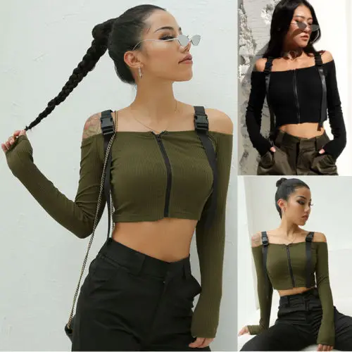 

Fashion Women Off Shoulder Crop Top Long Sleeve Zip-up Casual Chic Shirt Buckle Blouse Sexy Plus Size
