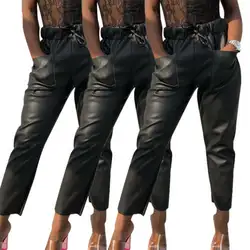 Для женщин Высокая талия узкие брюки из искусственной кожи Дамы повседневное сплошной черный карман мотобрюки Клубная одежда