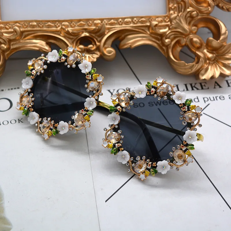 Круглые Солнцезащитные очки ручной работы с алмазными цветами, женские солнцезащитные очки в ретро стиле в стиле барокко
