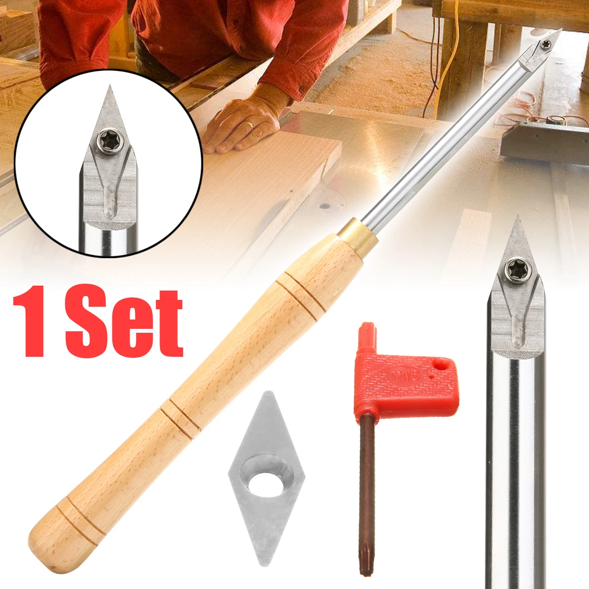

1 Set Hand-held Lathe Turning Tools Tungsten Titanium Alloy 90 HCR Blades + Boring Bar with Wrench Woodworking Sculpture Tool