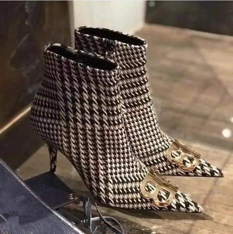 

Luxury Metal Plaid Thin High Heels Ankle Boots Women Autumn Winter Shoes Pointed Toe Zipper Short Boots Stilettos Ladies Shoes
