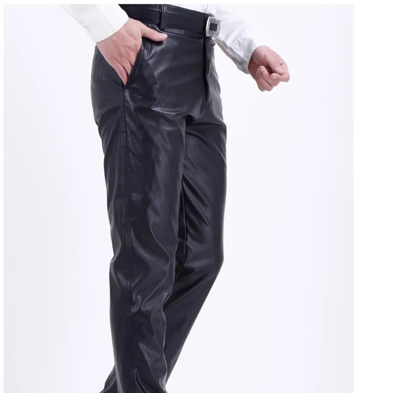 Summer Waterproof Loose Stretch PU Faux Leather Pants Men Straight Fashion Thin Leather Trousers Black Plus Size men trousers leather pants