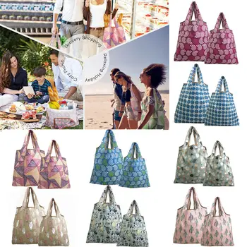 

2019 New 2PCS Large + Mid Eco Shopping Travel Shoulder Bag Oxford Tote Handbag Folding Reusable Cartoon Home Shopping Bag