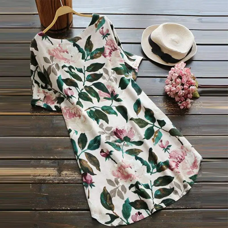 Размера плюс ZANZEA летнее платье с цветочным принтом женское Повседневное платье с круглым вырезом и коротким рукавом винтажное хлопковое льняное свободное платье
