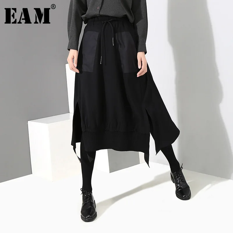 [EAM] 2019 новая весенняя высокая эластичная талия черный карман стежка свободный вентиляционный карман стежка половина тела юбка женская