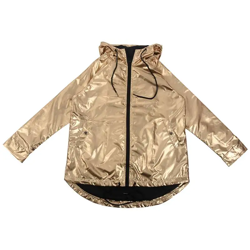 

Women Spring Autumn Hoodie Long Sleeve Sweatshirt Golden PVC Raincoat Zipper Up Punk Unisex Street Shirt