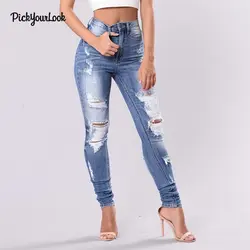 Pickyourlook тонкий женский Плотно обтягивающие джинсы Высокая талия рваные джинсы для женщин Blus Модные узкие брюки уличная джинсовые штаны