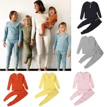 Детские топы для маленьких мальчиков и девочек, футболка с длинными рукавами и штаны, комплекты, однотонная Пижама, комплект одежды для сна, пижамы