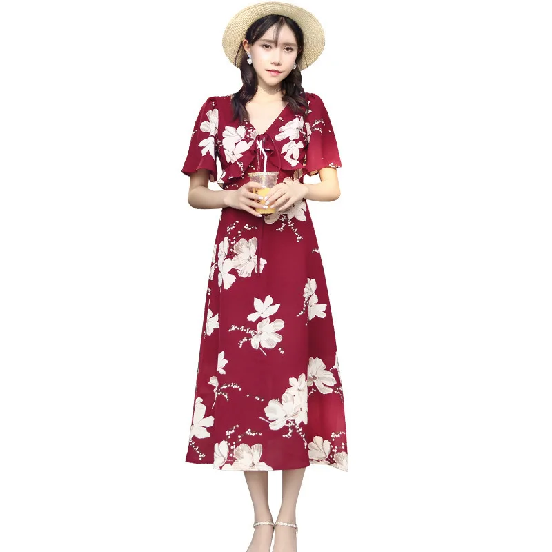 

Women Summer Dress 2019 Casual V-neck Short Sleeve Dress Floral Print Maxi Dress Elegant Beach Party Dresses Female Vestido
