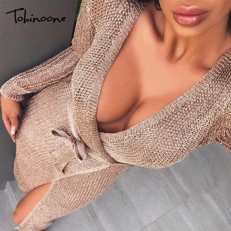 

Tobinoone Autumn Winter Midi Dresses Long Sleeve Vestidos Solid Casual Women Bodycon Elegant Knitted Sweater Dress With Belt