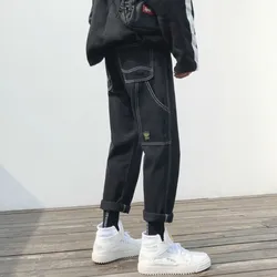 2019 Spring Fashion Work Jeans Pocket Directly Canister Nine Part Haren Pants Male hip hop streetwear Blue Black Free shipping 2019 Spring Fashion Work Jeans Pocket Directly Canister Nine Part Haren Pants Male hip hop streetwear Blue Black Free shipping