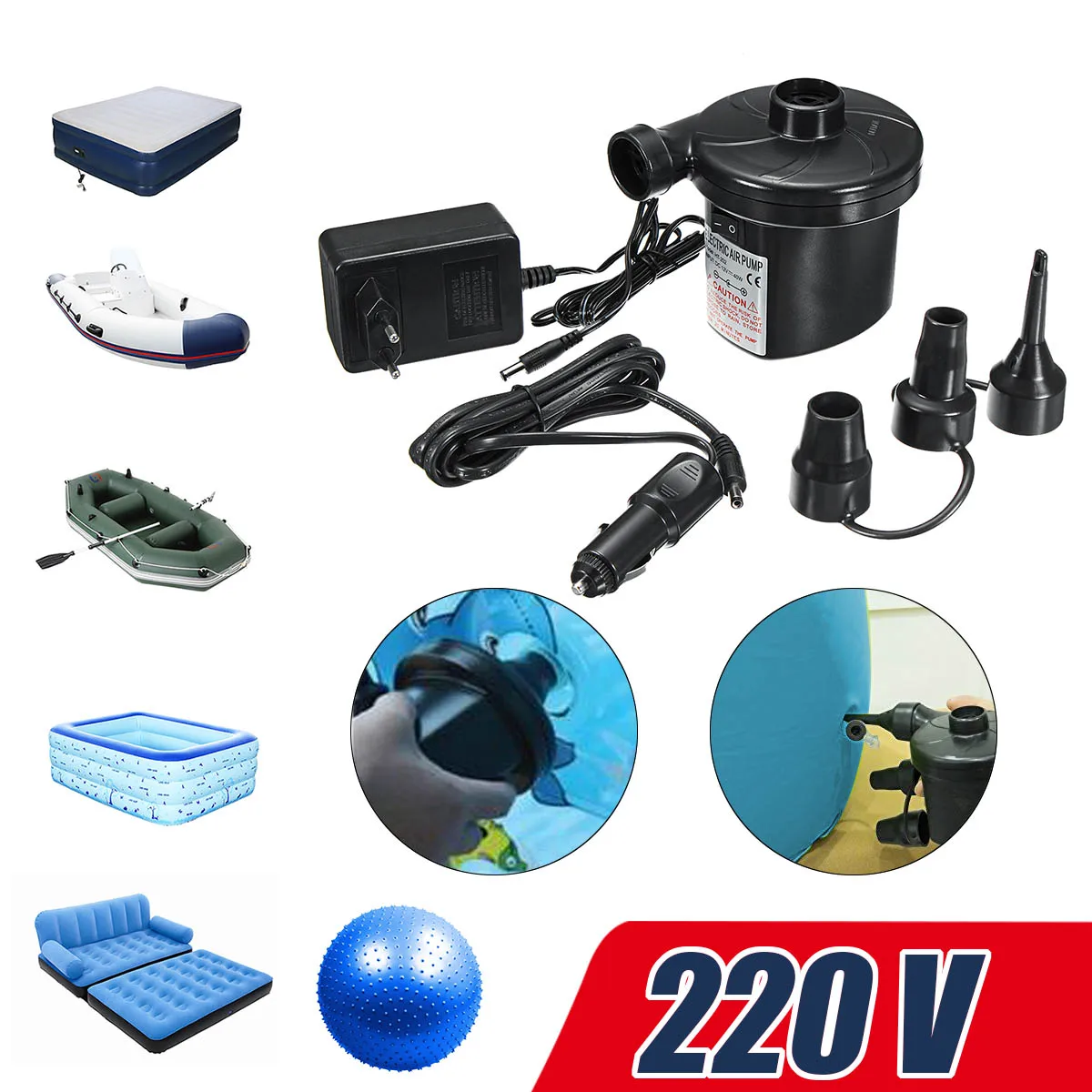 

220V Electric Air Pump Inflate Deflate Pump for Swimming Ring Inflatables Air Mattress Raft Bed Boat Toy with Adapter