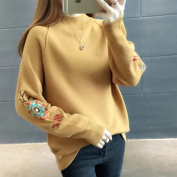 

New Women O-neck Pullovers Sweaters 2018 Autumn Winter Embrodiery Long Sleeve Sweaters Female Loose Casual Sweaters FP1230