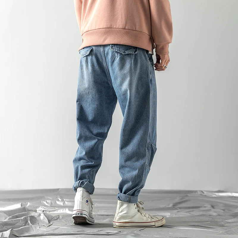 2019 Japanese Men's Trend Haren Casual Pants Cowboy Baggy Homme Classic Cargo Pocket Wash Jeans men Blue Biker Denim Trousers 2019 Japanese Men's Trend Haren Casual Pants Cowboy Baggy Homme Classic Cargo Pocket Wash Jeans men Blue Biker Denim Trousers