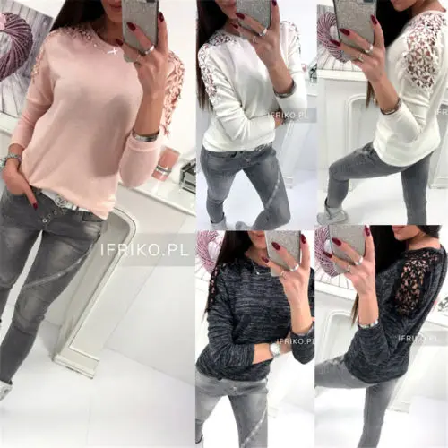 

Women Ladies Loose Casual Long Sleeve Lace Cotton Blouse Tops Hollow Out O Neck Blouse